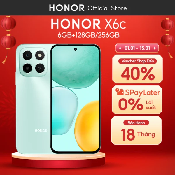Điện Thoại Di Động Honor X6c 6GB + 128GB/256GB | Pin 5300mAh | Camera 50MP| NFC | Kháng nước IP64 | BH 18 Tháng