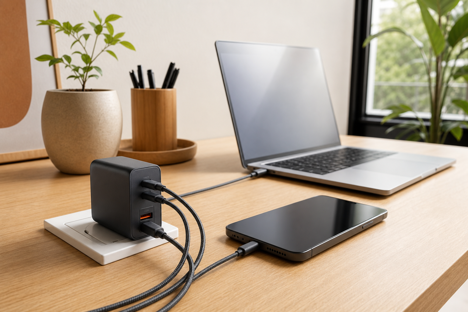 Củ sạc GaN nhiều cổng đang sạc laptop và điện thoại trên bàn làm việc
