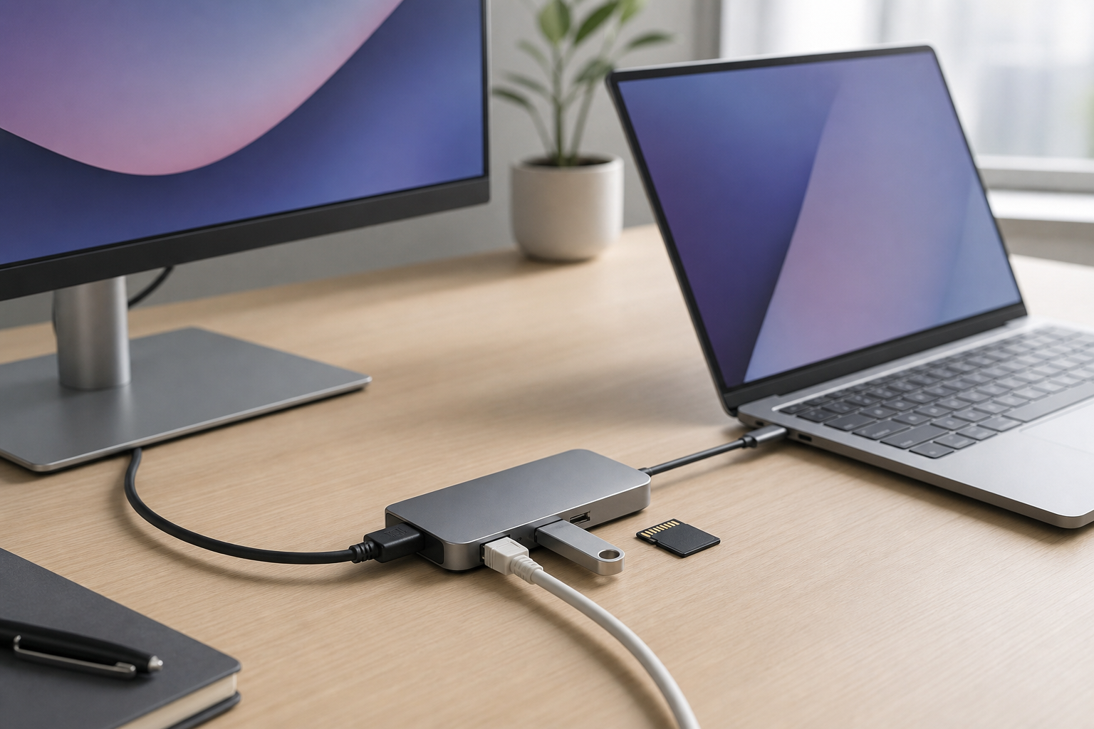 Hub USB-C kết nối laptop với màn hình, USB, Ethernet và thẻ nhớ