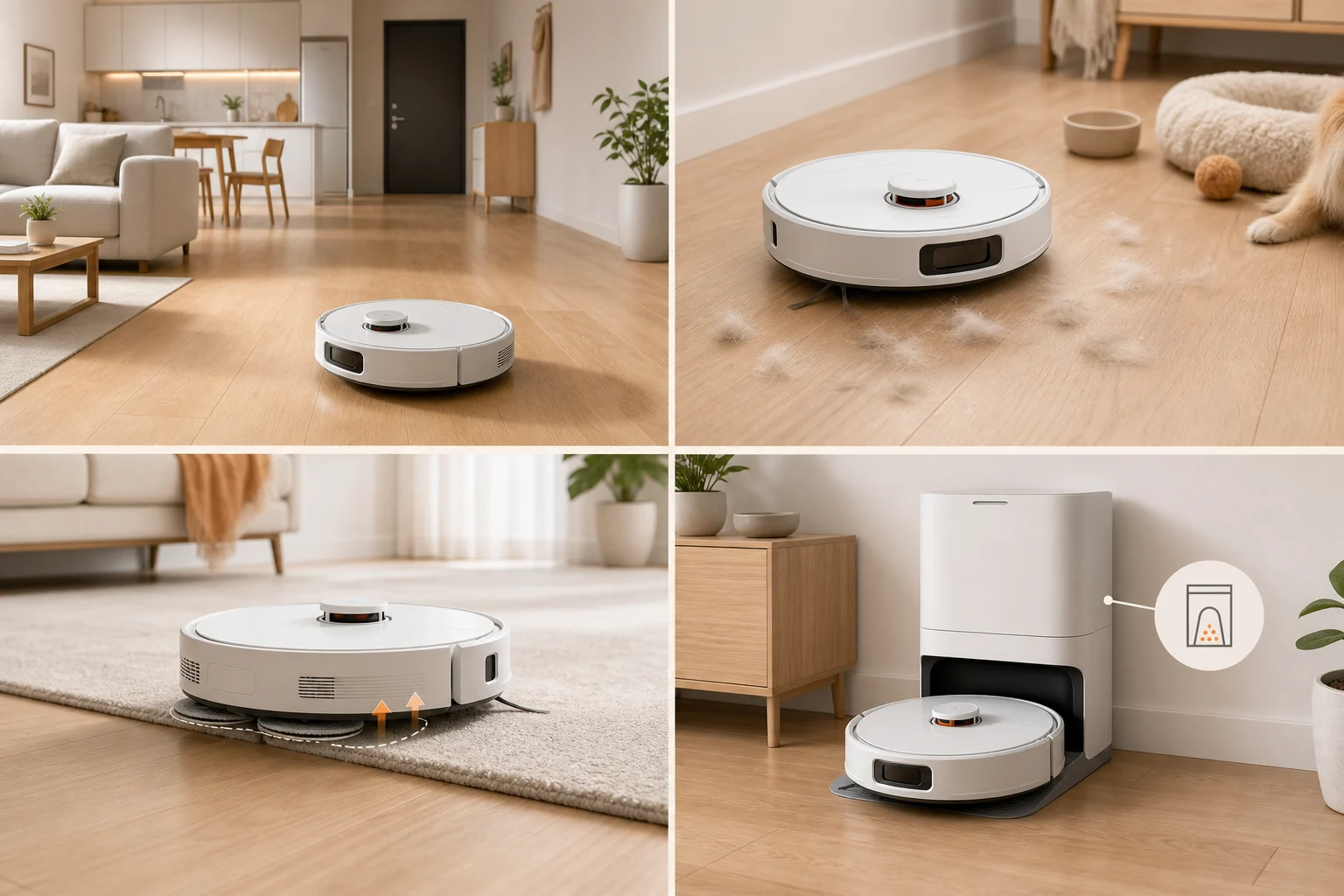 Bốn tình huống chọn robot hút bụi theo loại sàn, thảm và trạm đổ bụi