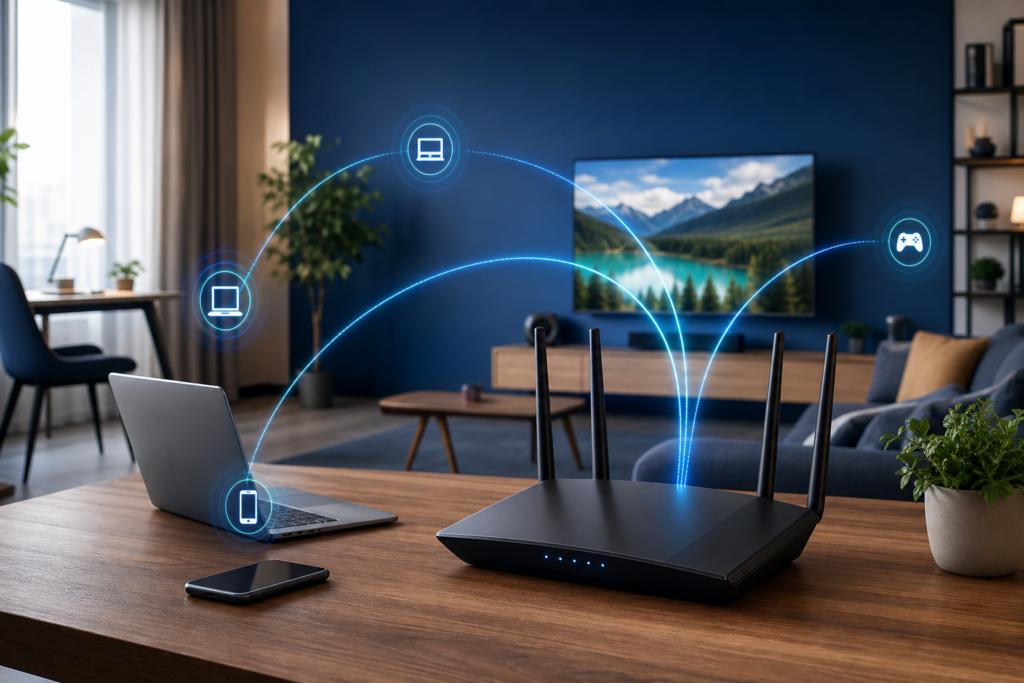 Router Wi‑Fi 7 kết nối laptop, điện thoại và TV trong gia đình