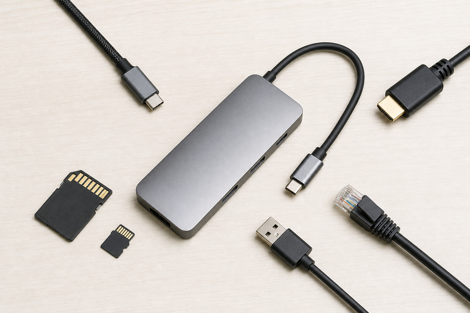 Hub USB-C cùng cáp HDMI, USB, Ethernet và thẻ SD microSD
