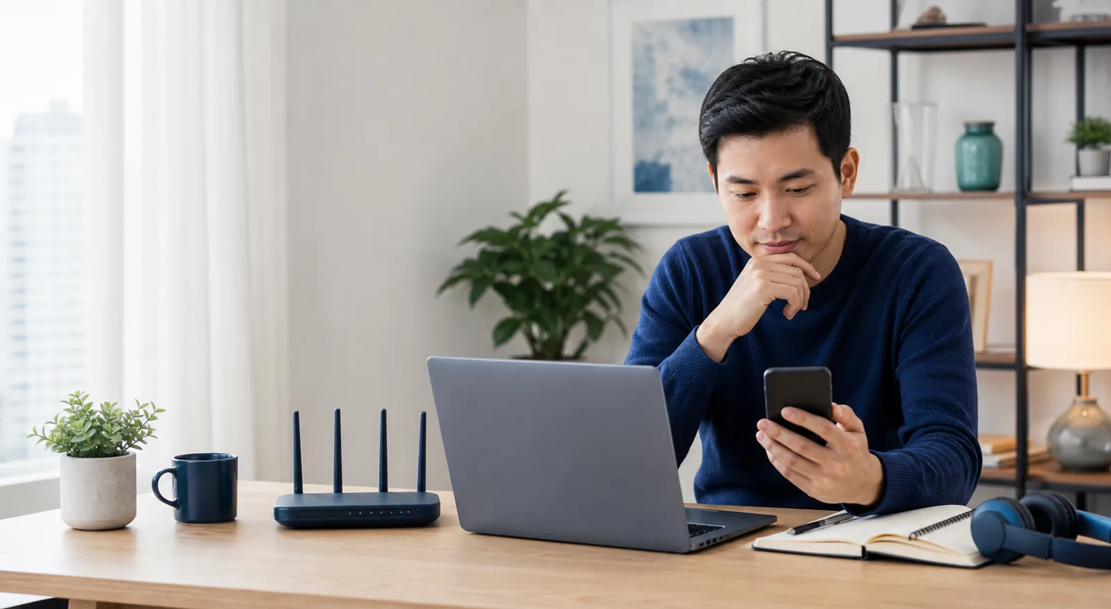 Người dùng tìm hiểu laptop, điện thoại và thiết bị mạng tại bàn làm việc
