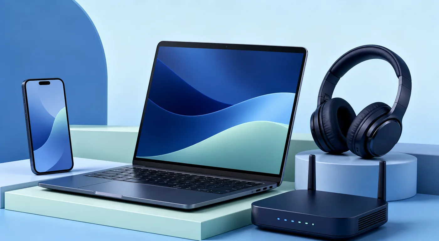 Điện thoại, laptop, tai nghe và router trên nền xanh
