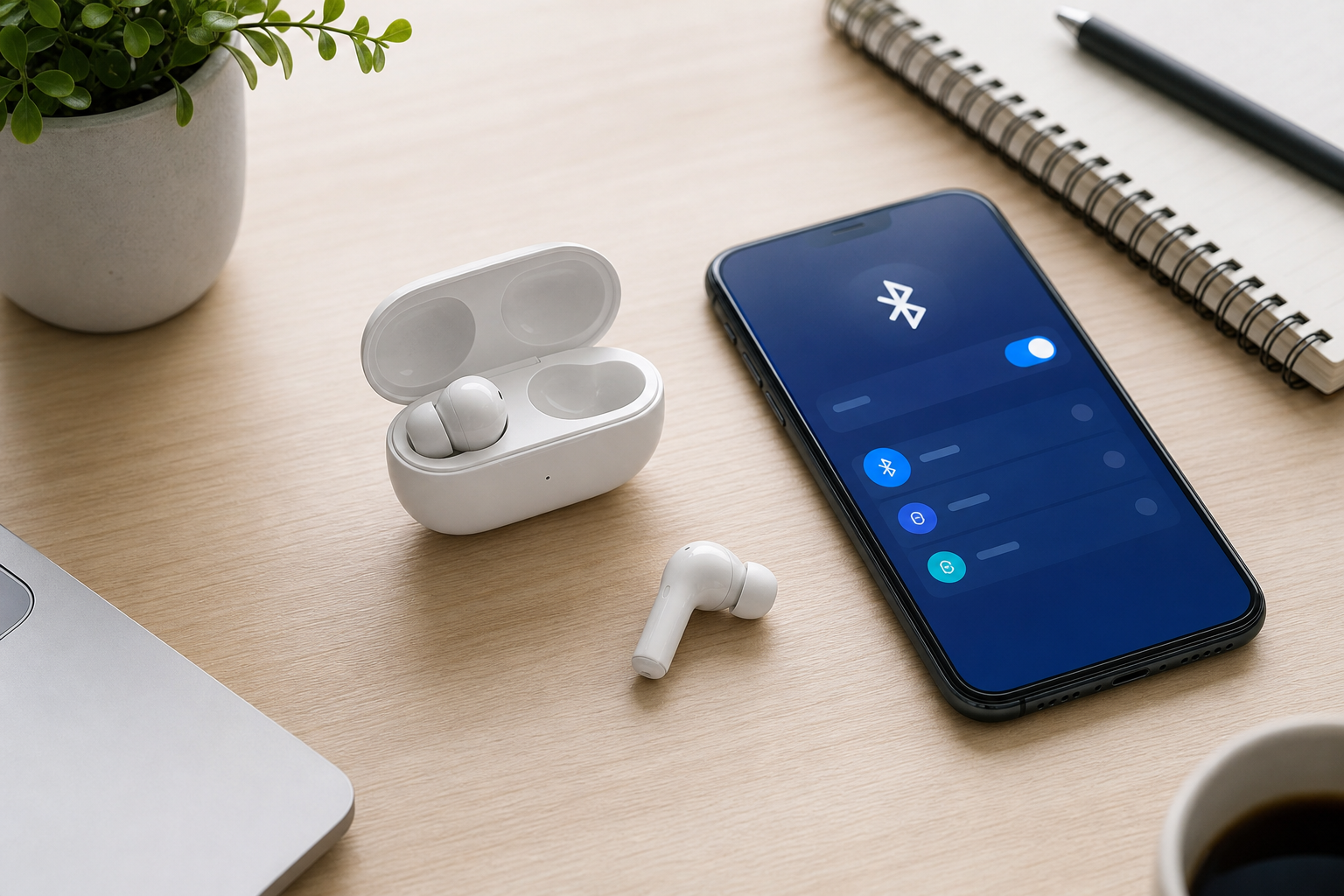 Tai nghe Bluetooth không dây, hộp sạc và điện thoại mở Bluetooth