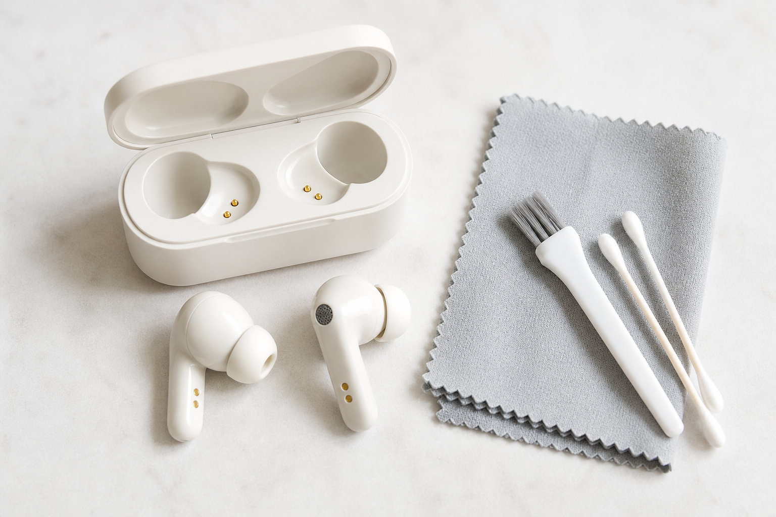 Tai nghe Bluetooth cùng khăn mềm và bàn chải vệ sinh