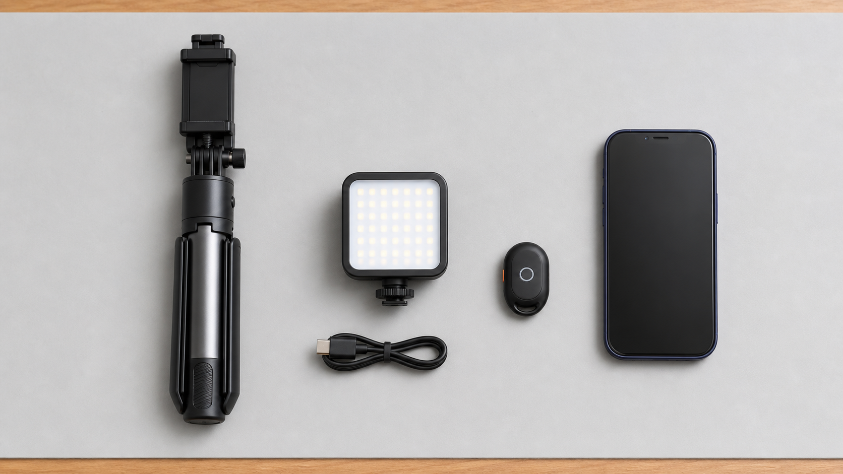 Tripod điện thoại, đèn LED nhỏ và remote Bluetooth đặt cạnh điện thoại