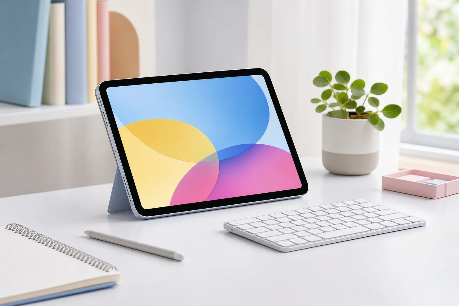 Máy tính bảng 11 inch trên bàn học cùng bàn phím và bút cảm ứng