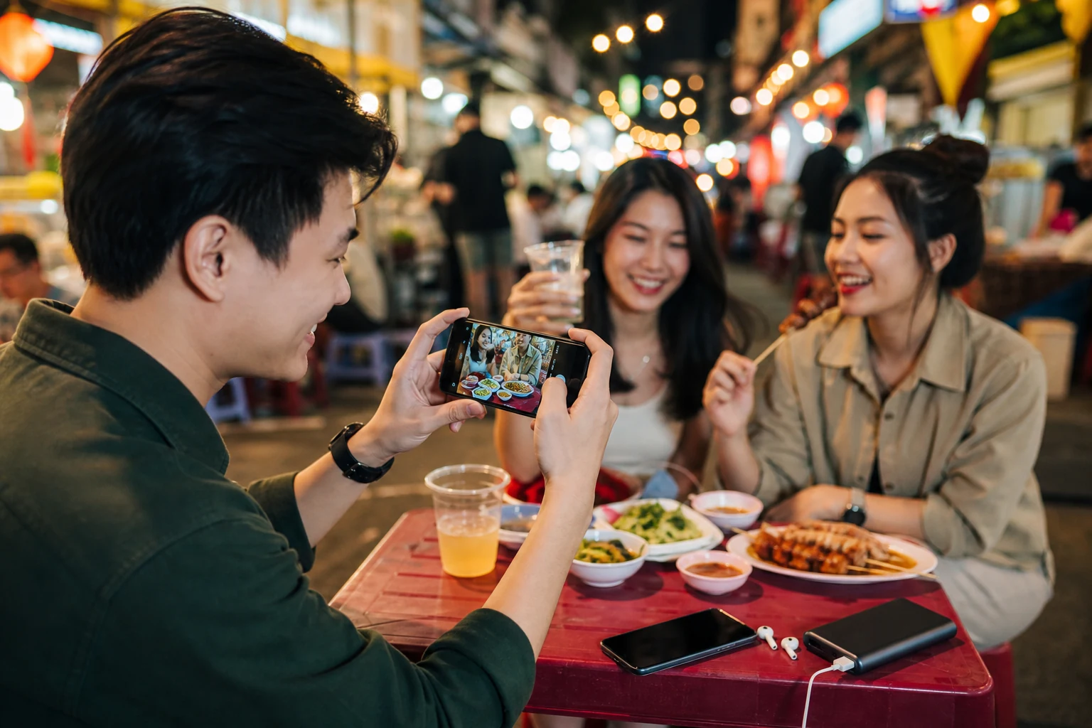Người trẻ dùng điện thoại chụp ảnh trong buổi gặp bạn bè