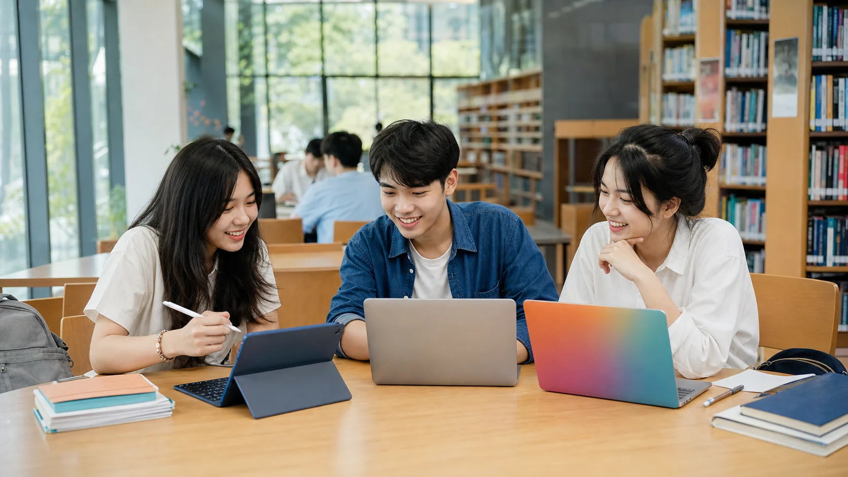 Ba sinh viên sử dụng máy tính bảng và hai loại laptop trong thư viện