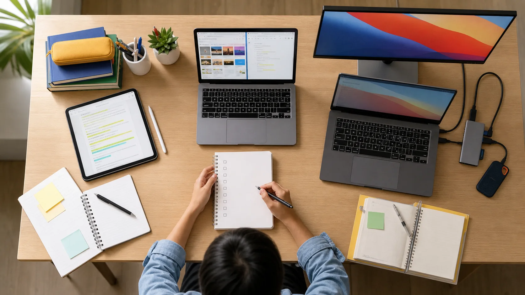 Bàn học có máy tính bảng, laptop cơ bản và laptop kết nối màn hình ngoài