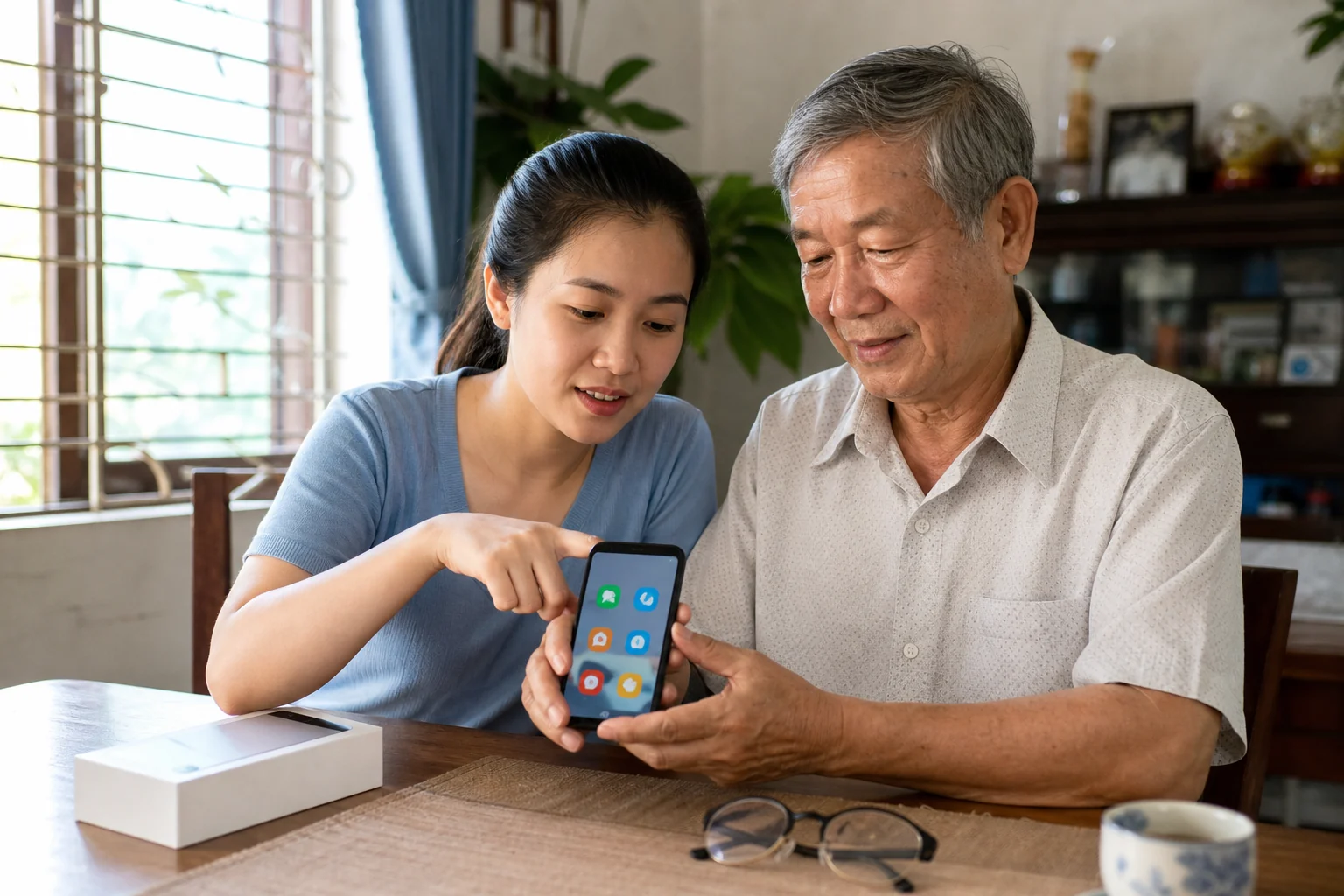 Người con hướng dẫn phụ huynh thiết lập điện thoại Android