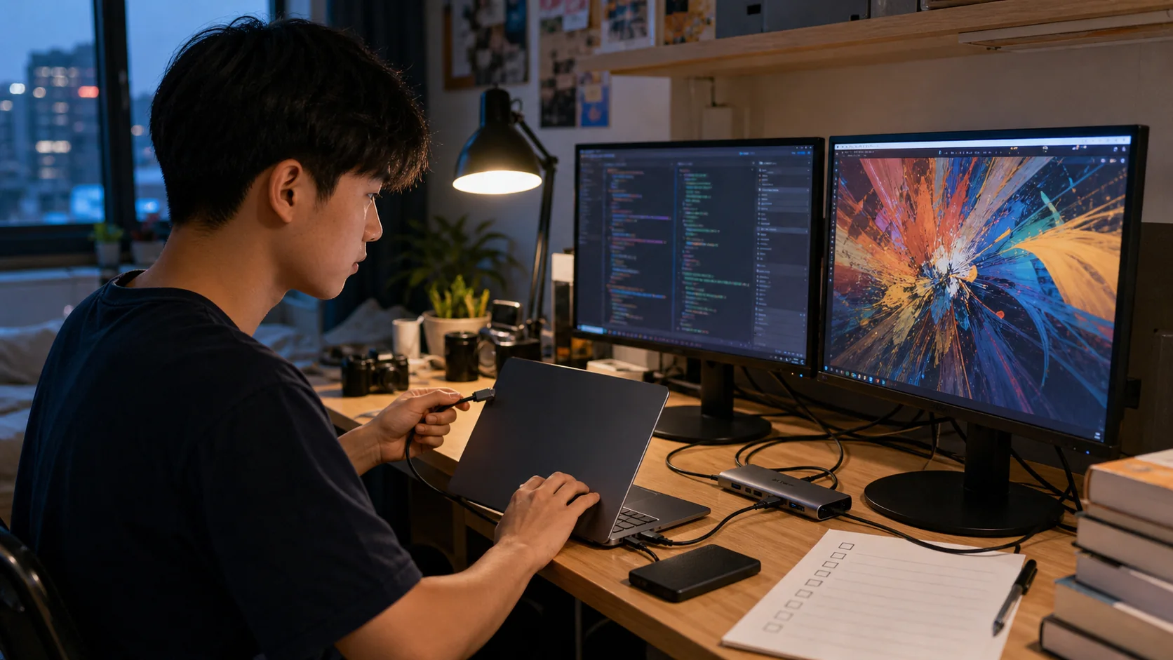 Sinh viên kết nối laptop với hai màn hình ngoài và ổ lưu trữ