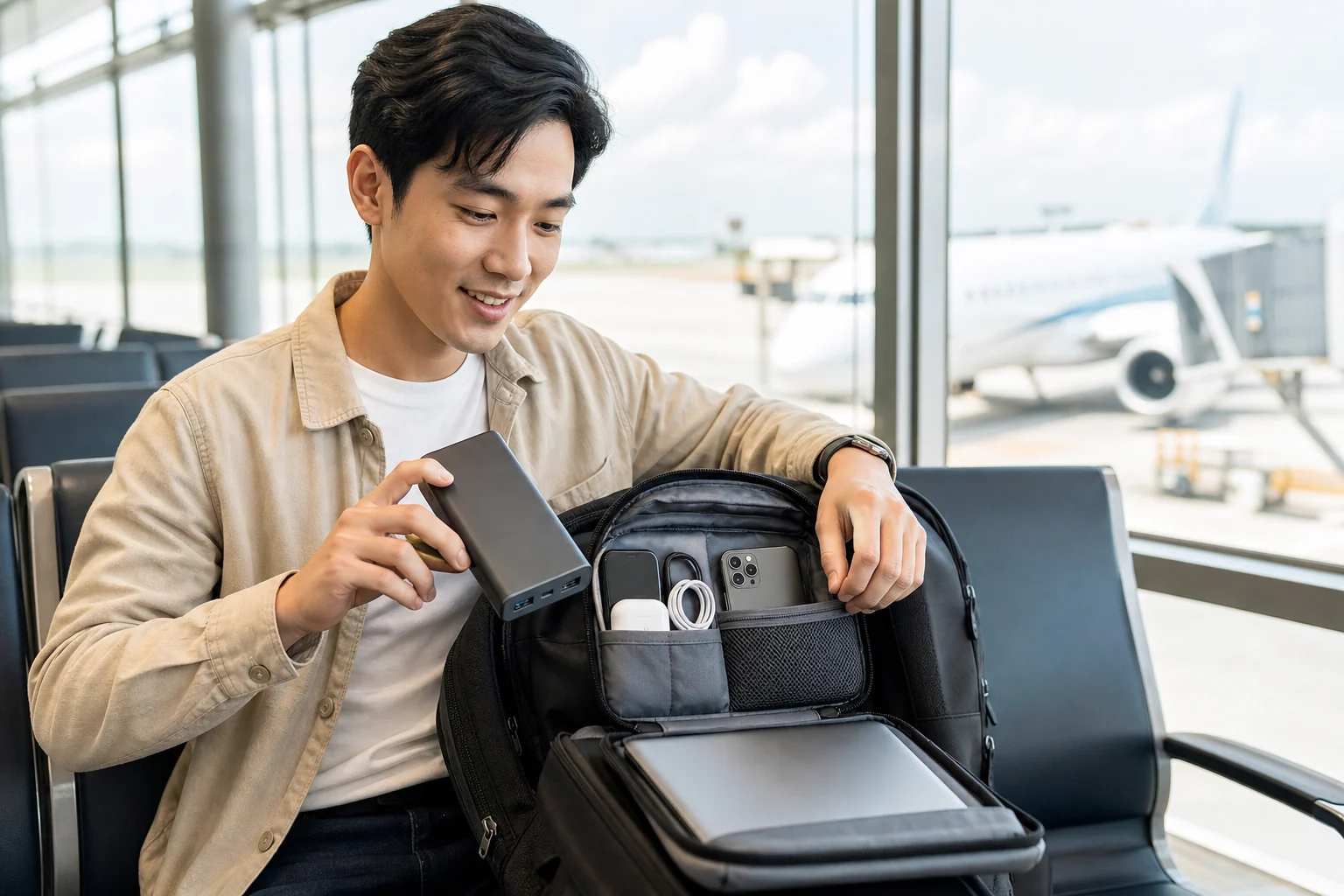 Hành khách cất sạc dự phòng vào túi thiết bị trong hành lý xách tay