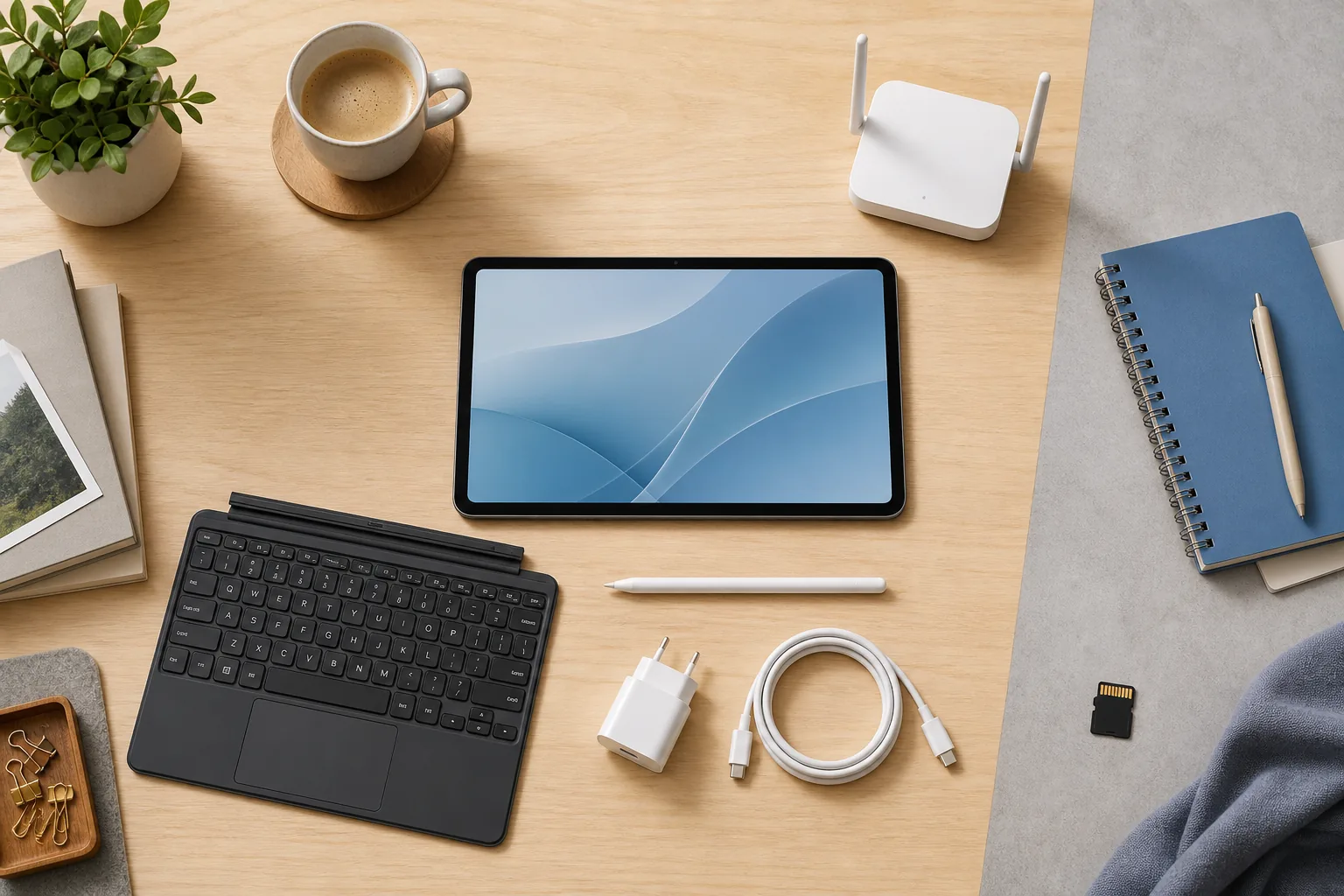 Máy tính bảng đặt cùng bàn phím bút sạc USB-C và bộ phát Wi-Fi