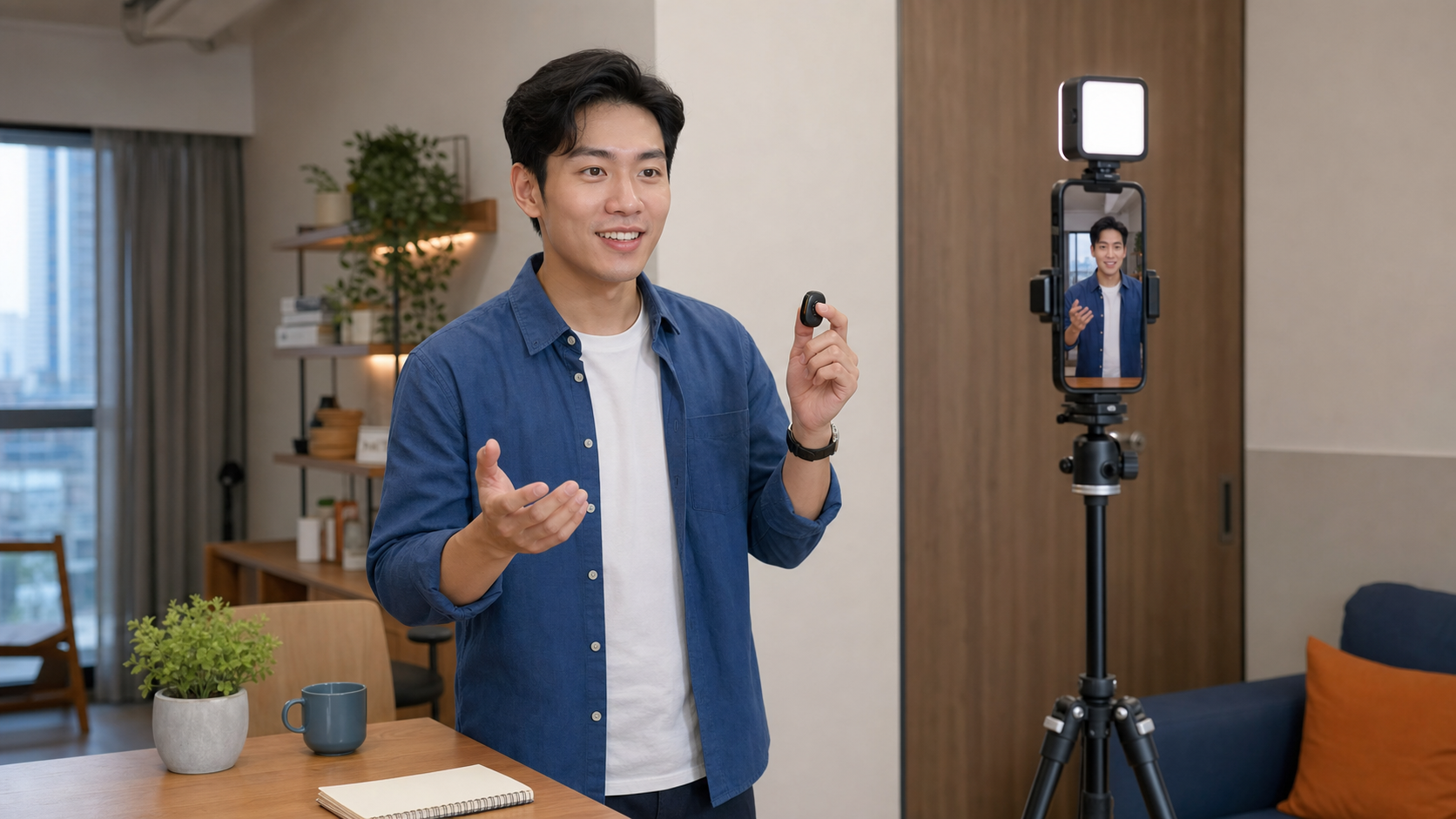 Người sáng tạo tự quay video bằng điện thoại trên tripod có đèn trợ sáng